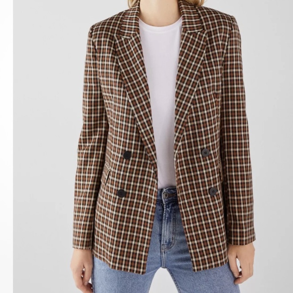 Bershka NWOT Plaid Double Breasted Chocolate Plaid Fully Lined Blazer size M